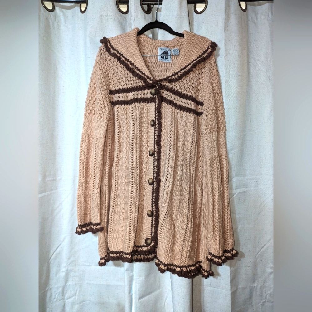 Storybook Knits Beige Sweater Cardigan with Brown Trim